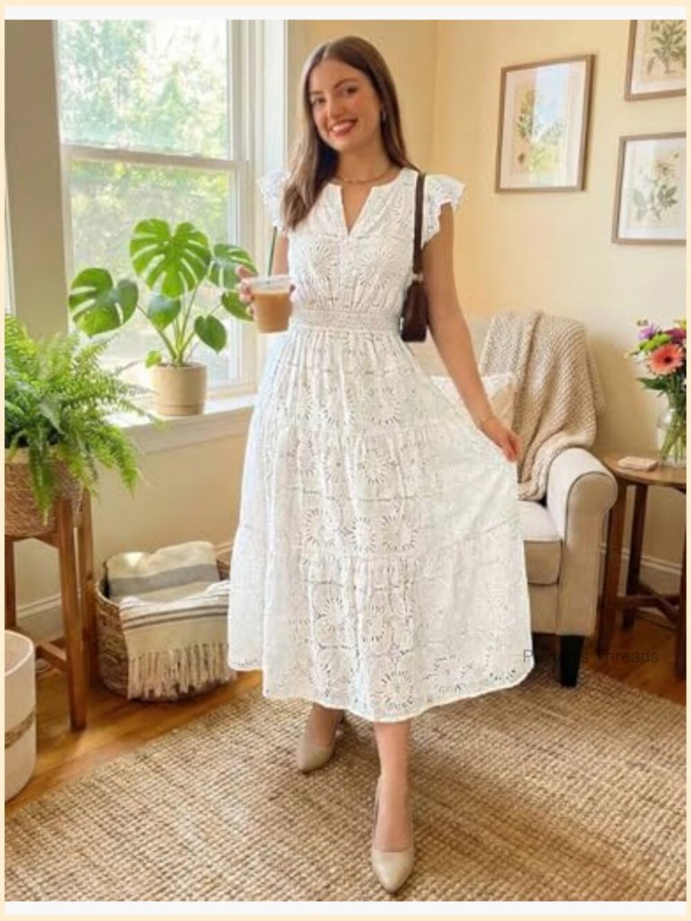 Flutter Sleeve Lace Eyelet Maxi Dress Tiered Boho Beach Vacation - Picture 6 of 7